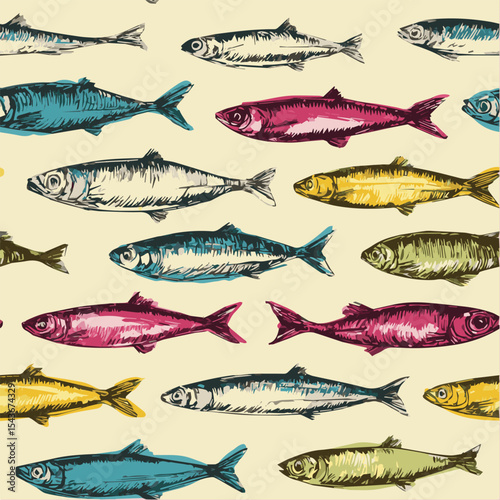 Seamless pattern of sardines with Mediterranean Italian style