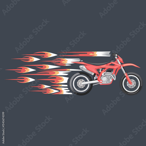 Fast Red Motocross Dirt Bike Flame Design Graphic Illustration Vector Art Image Powerful Speed Racing Motorcycle Sport Competition Adrenaline Rush Extreme Ride Powerful Engine Off Road Adventure hot  
