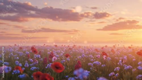 Vibrant Field of Red and Blue Flowers Under a Warm Sunset Sky with Glowing Soft Lighting