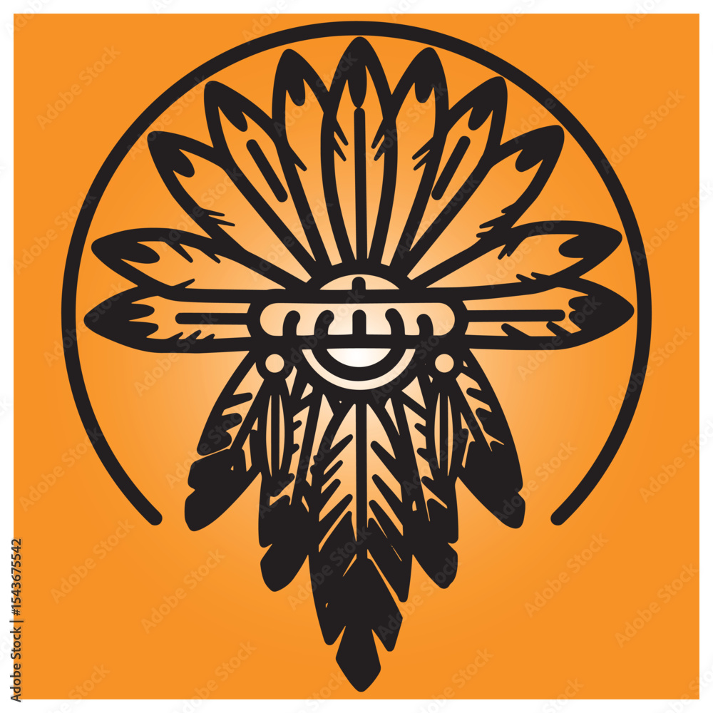 Fototapeta premium Native american headdress illustration design vector with black outlines and orange gradient background