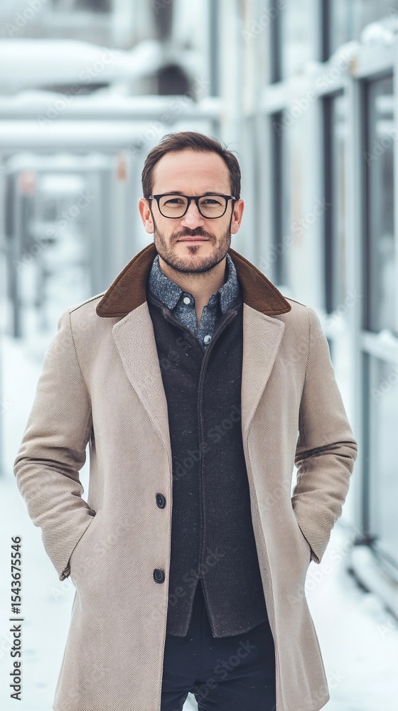 Fototapeta premium Man in Overcoat on Snowy Walkway