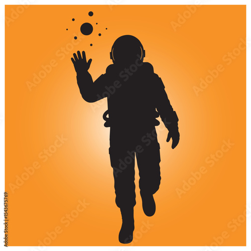 Silhouette astronaut reaching towards floating spheres against an orange gradient background