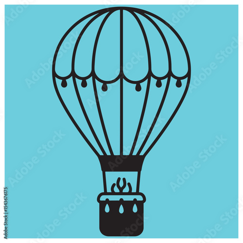 Silhouette of a classic hot air balloon against a soft blue background for design