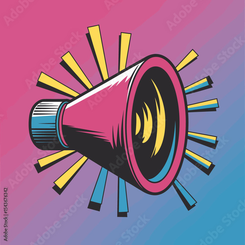 Retro Pink Megaphone Announcement Loudspeaker Pop Art Design Vibrant Yellow Blue Gradient Background  Bold Graphic Illustration Vector Image Digital Print Media Marketing Promotion news icon style    