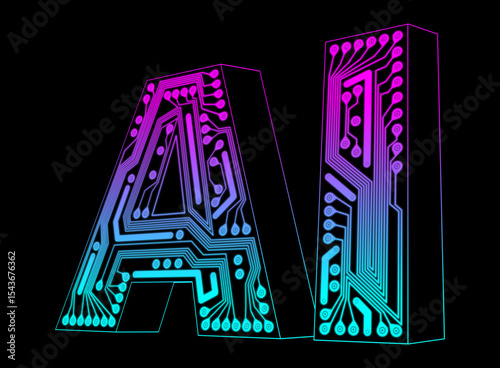 Printed Circuit Board Pattern Forming AI Letters, 3D, Upper Case, Outlined, Vibrant Color, Aqua To Purple Gradation, Neon, Bold, Black Background. Artificial Intelligence Concept