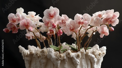 Alien orchids hybridized with roses, watered by AI rainclouds in a ceramic smart pot