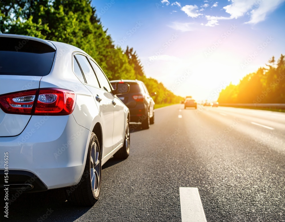 Fototapeta premium Driving action on scenic highway cars in motion bright sunset natural environment dynamic viewpoint