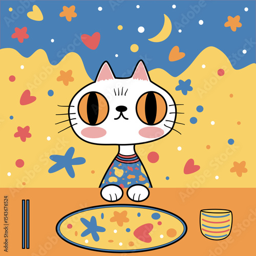 Cute funny cat and drawn vector illustration design. Ideal for cards, print, poster and doodle cat style.
