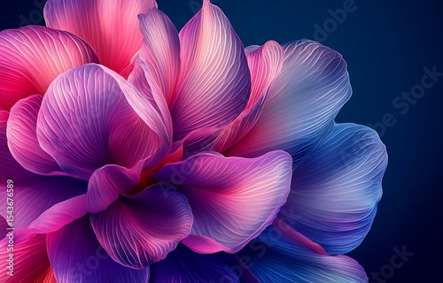 Close-up of an abstract, digital flower with bright pink and purple petals on a dark blue background.