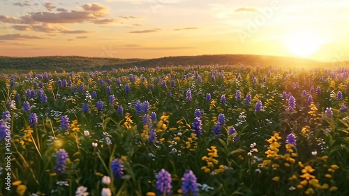 Vibrant Field Of Wildflowers In Bloom Under A Golden Sunset Sky with Green Rolling Hills