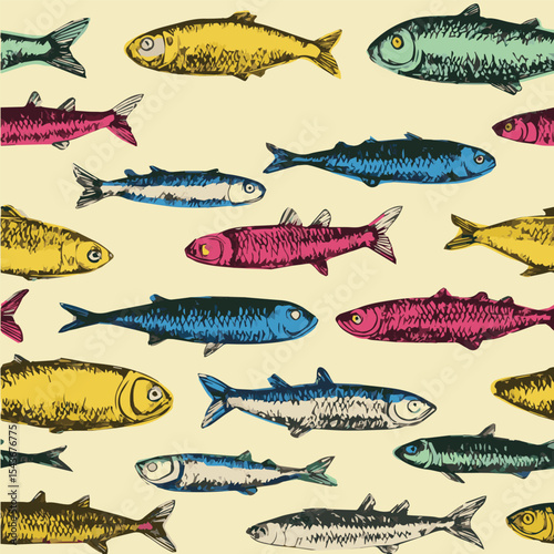 Seamless pattern of sardines with Mediterranean Italian style
