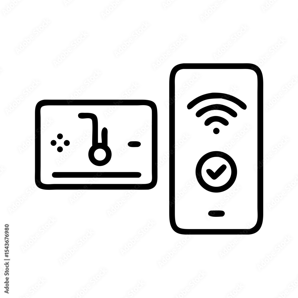 Smart thermostat control via mobile app. Modern smart home device with digital interface and mobile app connection. Control temperature remotely using smartphone app. Smart thermostat control via mobile app. Modern smart home device with digital interface and mobile app connection. Control temperature remotely using smartphone app.