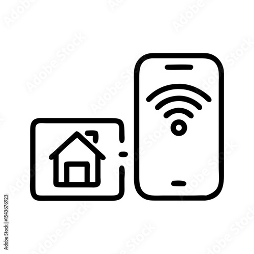 Smart home control using smartphone app. Home automation system icon shows house symbol connected to mobile phone via wifi.  This smart home hub icon is perfect for app interface, website design.