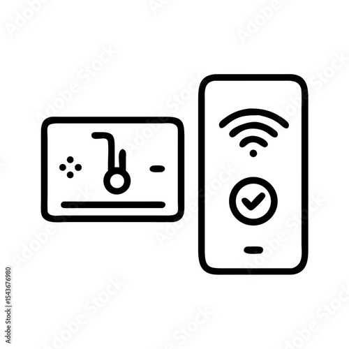 Smart thermostat control via mobile app. Modern smart home device with digital interface and mobile app connection.  Control temperature remotely using smartphone app.