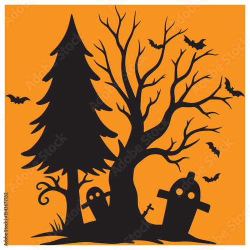 Silhouette of a spooky halloween scene featuring trees ghosts bats and graveyard elements