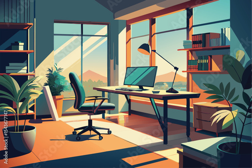 Modern Home Office Design. Sunlit Workspace with Mountain View