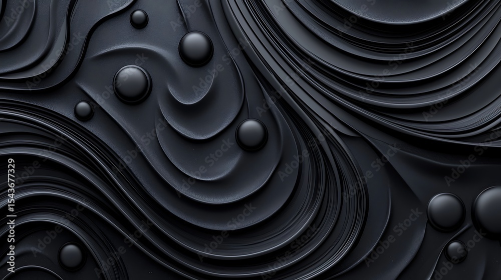 Abstract black layered waves with smooth spheres create a modern, textured 3D effect in a dark monochrome palette.
