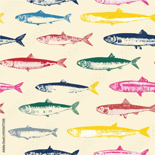 Seamless pattern of sardines with Mediterranean Italian style