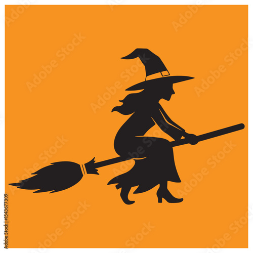 Silhouette of a witch riding a broom against an orange halloween background