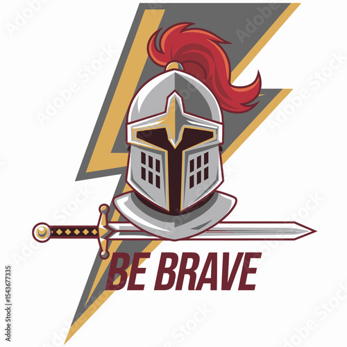 Knight Helmet Sword Lightning Bolt Design Brave Warrior Medieval Strong Powerful Heroic Bold Courageous Fantasy Game Emblem Graphic Illustration Vector Art Vintage Retro Symbol Badge Logo Design      