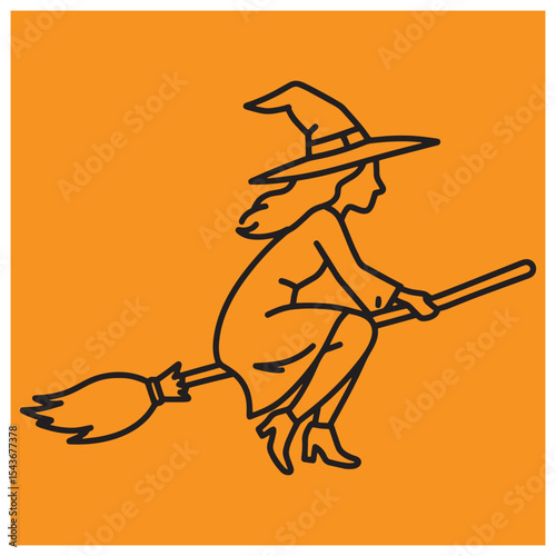 Silhouette of a witch flying on a broomstick against a vibrant orange background