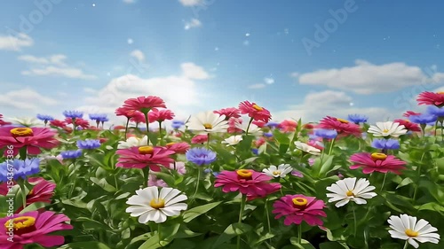 Vibrant Flower Field Under Blue Sky with Clouds Sunlight and Blooming Flowers
