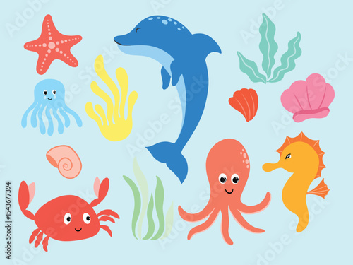 Cute Sea Animals and Ocean Elements Illustration
