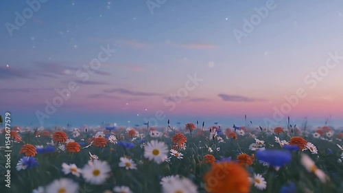 Vibrant Flower Field Under Soft Sunset Sky With Orange Blue and White Blooms Blossoming During Summer