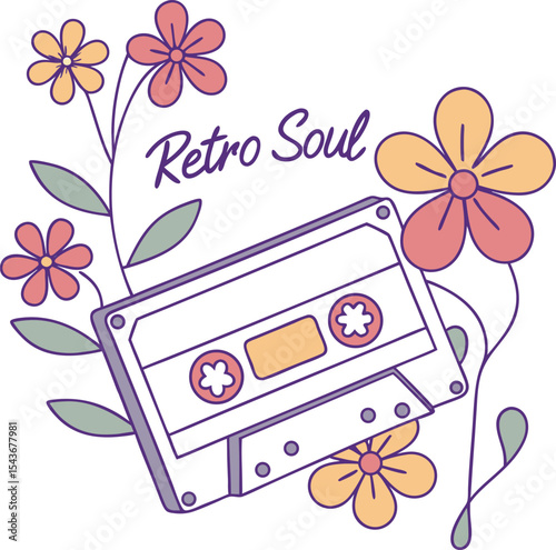  Cassette tape with flowers growing from it “Retro Soul” on transparent background, t-shirt design  