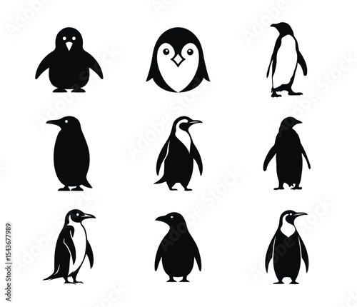 Charming penguins posing in silhouette a whimsical collection of Antarctic birds set against clean white background