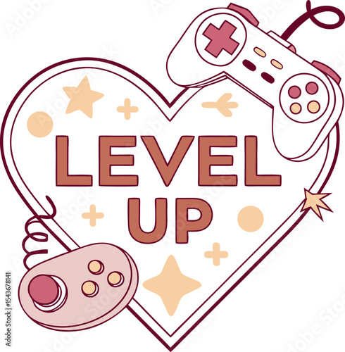 Cute pixel heart with “Level Up” gamer inspired retro design on transparent background, t-shirt design  