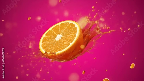 Vibrant Orange Fruit Half with Juice Splash against Pink Background in Studio Lighting