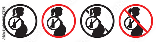No Alcohol During Pregnancy Vector Signs – Silhouette Icons for Pregnant Women Awareness, vector illustration.