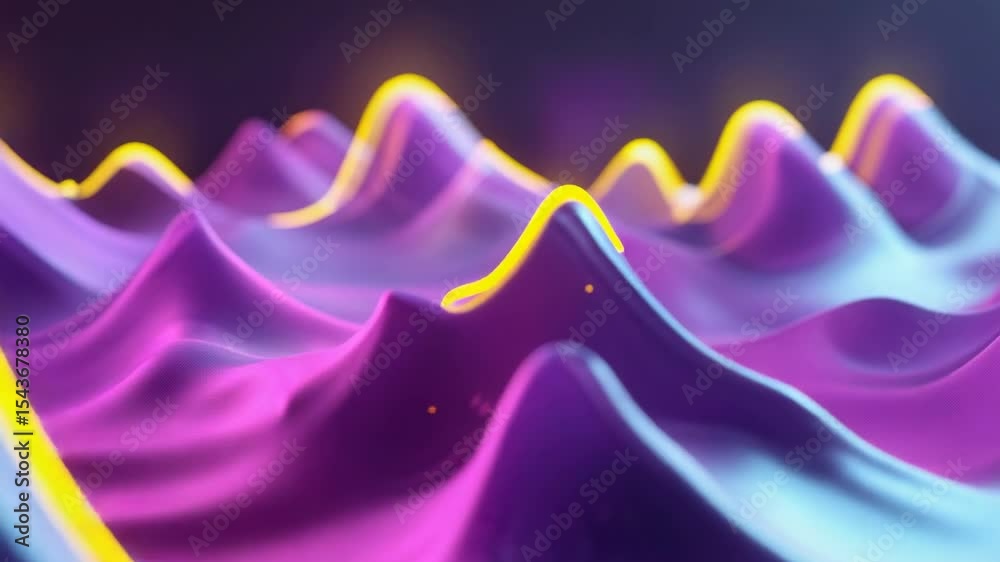 Neon wave pulsing in digital space, with yellow crest line migrating and particles drifting