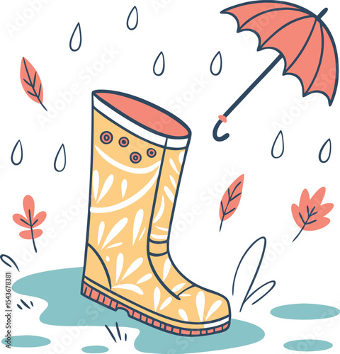  Flat vector of a rain boot with water puddles on transparent background, t-shirt design  