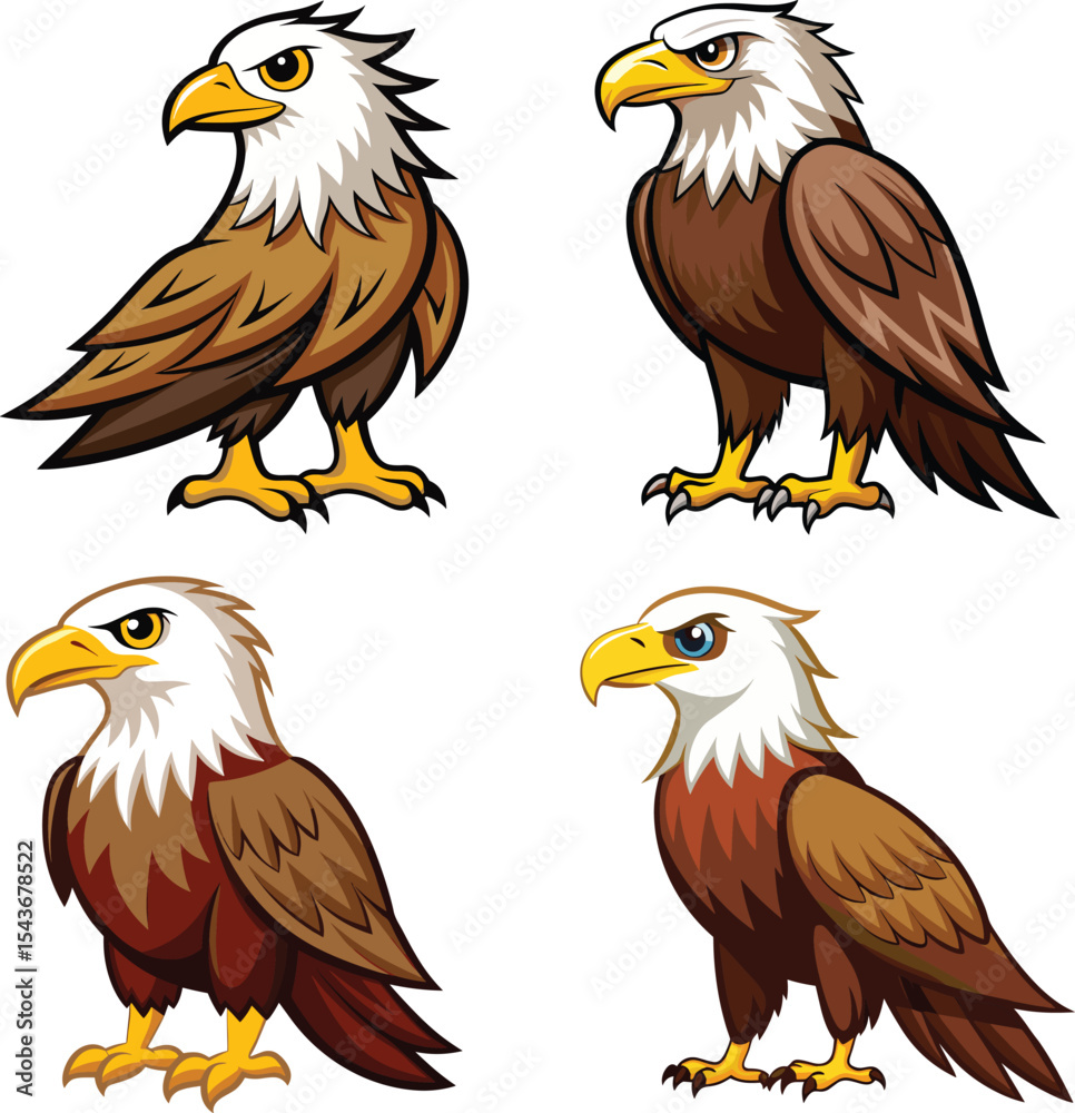 Fototapeta premium Cartoon Bald Eagle Mascot Set Vector Illustration isolate on transparent background.