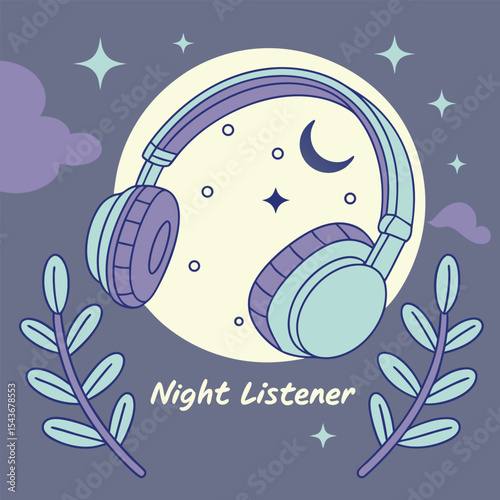  Headphones around moon “Night Listener”, t-shirt design  