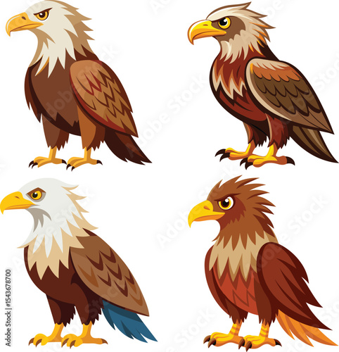 Cartoon Bald Eagle Mascot Set Vector Illustration isolate on transparent background. 