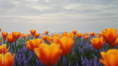 Vibrant Orange Tulips And Lavender Flowers Blooming In A Field Under Cloudy Sky