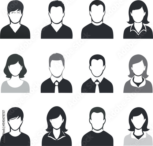 Black and white vector icon collection of user avatars and profile symbols in solid and outline styles for interface design, login screens, and personal identification elements