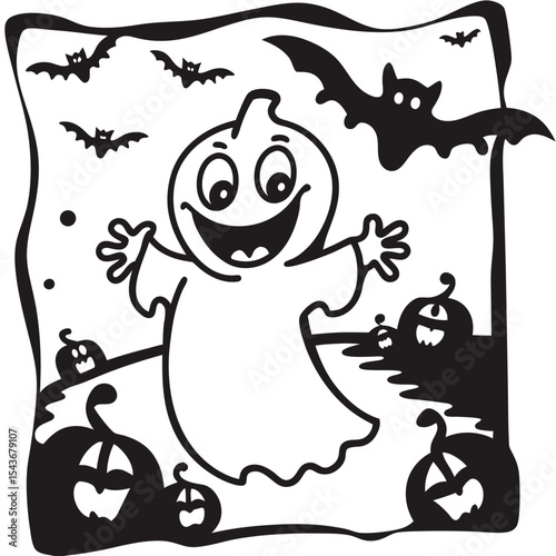 A cheerful, black and white coloring page featuring a friendly ghost with a wide smile, bats, and jack-o'-lanterns.