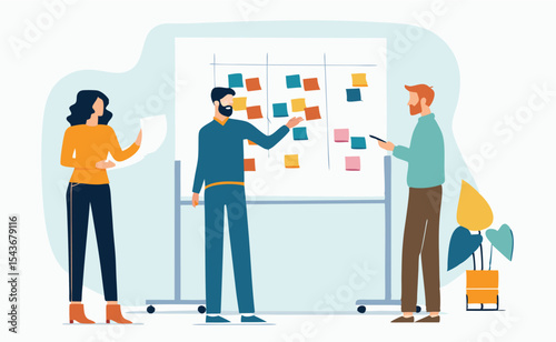 Successful business people in an office meeting room, a team of a man and a woman present a concept illustration on a laptop