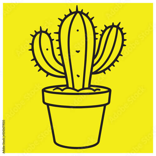 Simple illustration of a cactus plant in a yellow pot on a bright yellow background