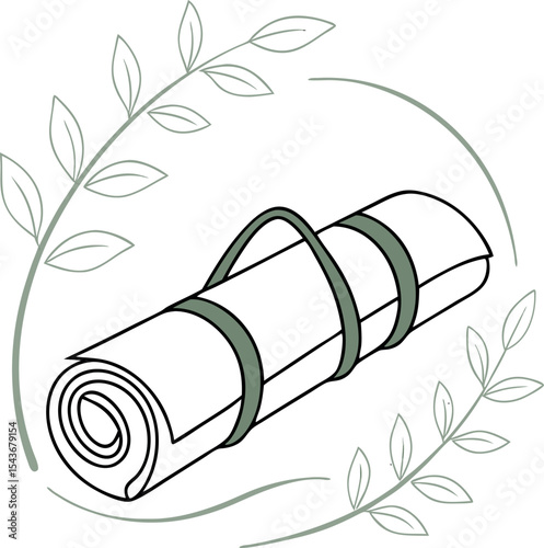 Simple icon of a yoga mat rolled and tied with a strap, wellness lifestyle on transparent background,  