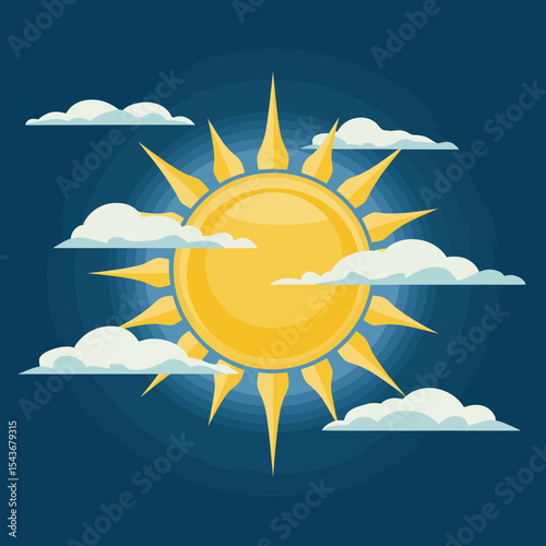 Bright Yellow Sun Shining in Blue Sky with Fluffy White Clouds Summer Daytime Weather Sunny Climate Illustration Design Graphic Art Image for Backgrounds Websites and Presentations hope calm happy    