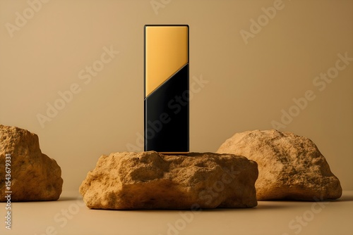 Minimal Gold and Black Cosmetic Bottle on Stone Pedestal