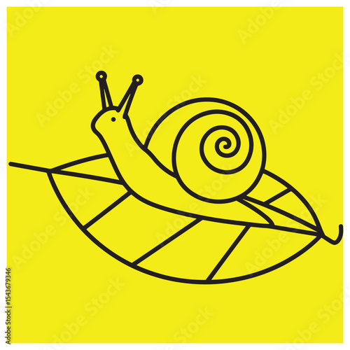 Simple illustration of a snail on a leaf with bold black lines and yellow background