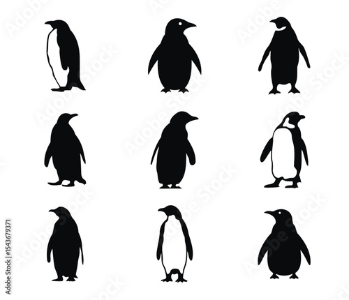 A playful gathering of penguin silhouettes each expressing unique charm and a touch of winter whimsy in a clean crisp