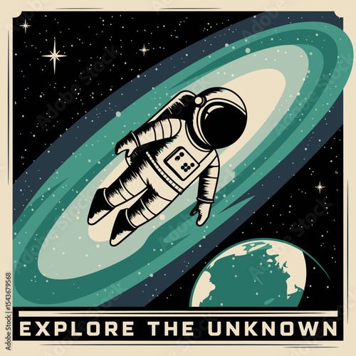 Retro Astronaut Spaceman Floating Galaxy Cosmic Exploration Vintage Style Teal Green Dark Space Background Universe Art Graphic Design Illustration Poster Print stars dream image photo nebula cosmos  