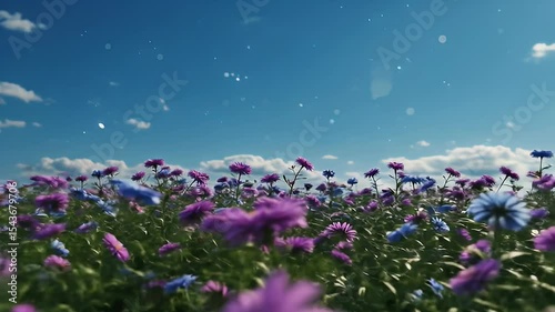 Vibrant Purple And Blue Aster Flowers Blooming In A Green Field Under A Clear Blue Sky